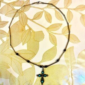 VTG  Native American Sterling silver turquoise cross Pendant Necklace Southwest